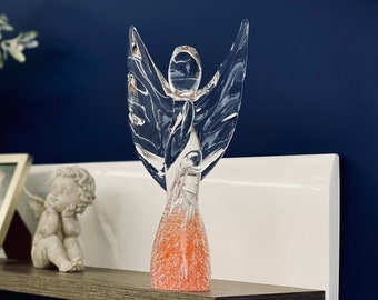 Glass angel sculpture, transparent glass angel figurine with bubble orange interior
