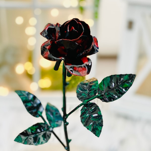 Everlasting rose flower, red rose with green leaves, hand forged rose figurine, steel rose blossom