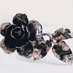 Everlasting rose flower, black rose with pink accents, hand forged rose figurine, steel rose blossom image 1