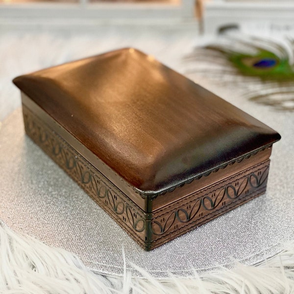 Wooden jewelry box, brown burned casket for trinkets, flat elegant jewelry casket, rustic smooth trinket box