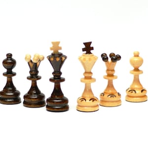 Wooden chess set, wooden fired chess board with carved pieces, lime wood chess set in dark brown and cream color image 2