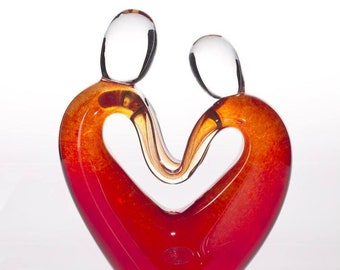 Big red glass heart sculpture, lovers glass figurine, personalized wedding or anniversary gift