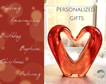 Big crystal red glass heart sculpture, red heart glass figurine, personalized wedding or anniversary gift