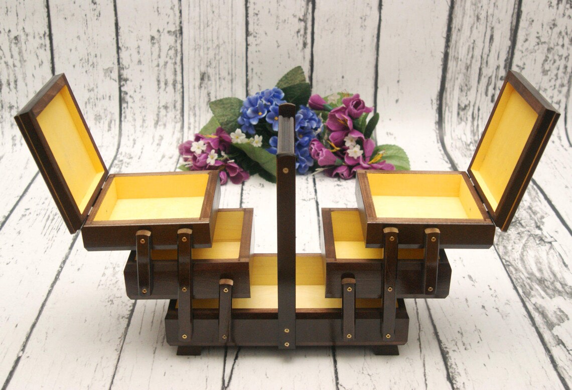 Large wooden sewing box wooden accordion box big jewelry Etsy