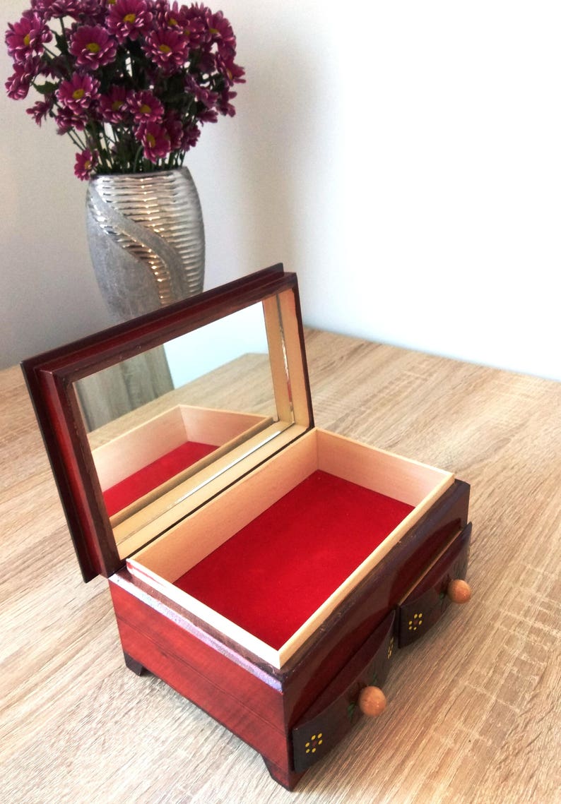 Wooden jewelry box with drawers brown casket with mirror etsy