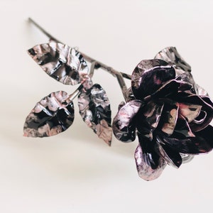 Everlasting rose flower, black rose with pink accents, hand forged rose figurine, steel rose blossom image 7