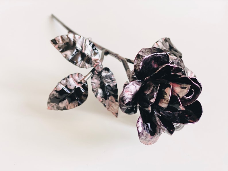Everlasting rose flower, black rose with pink accents, hand forged rose figurine, steel rose blossom image 7