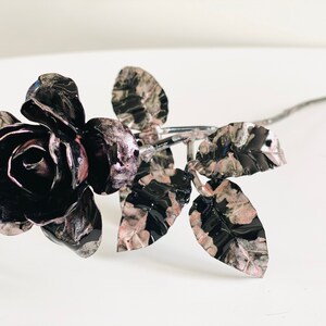 Everlasting rose flower, black rose with pink accents, hand forged rose figurine, steel rose blossom image 5