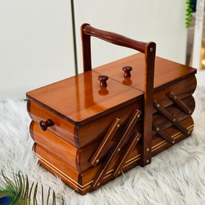 Big Wooden sewing box, ginger concentrina box, cantilever wooden box for jewellery / sewing kit / letters, smooth wooden box