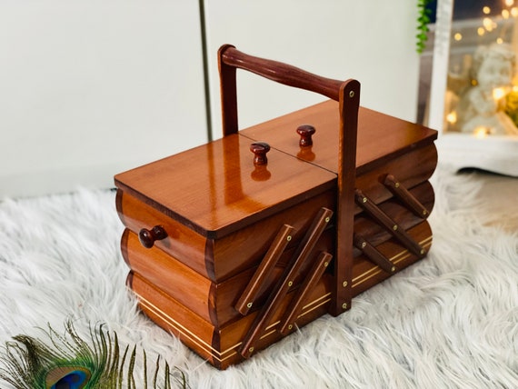 Costurero de madera grande, caja concentrina de jengibre, caja de madera  voladiza para joyería/kit de costura/letras, caja de madera lisa -   México