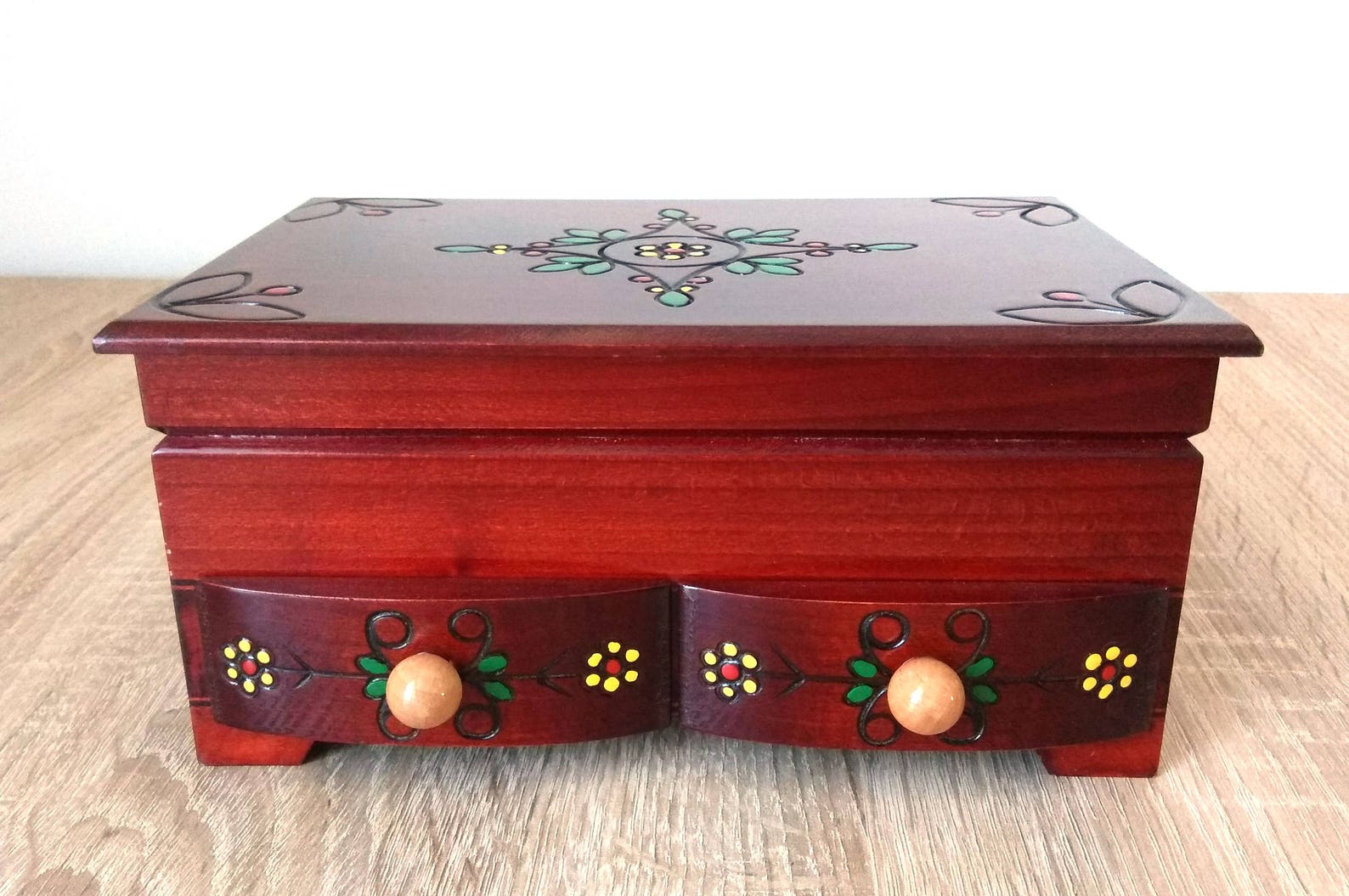 Wooden Jewelry Box With Drawers Brown Casket With Mirror Etsy