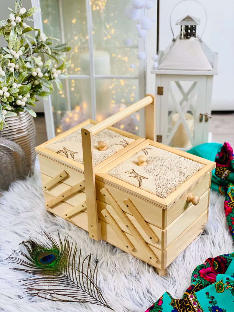 Large Wooden Sewing Box Upholstered Concentrina Storage Box Etsy