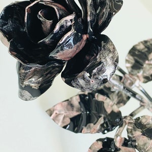 Everlasting rose flower, black rose with pink accents, hand forged rose figurine, steel rose blossom image 9