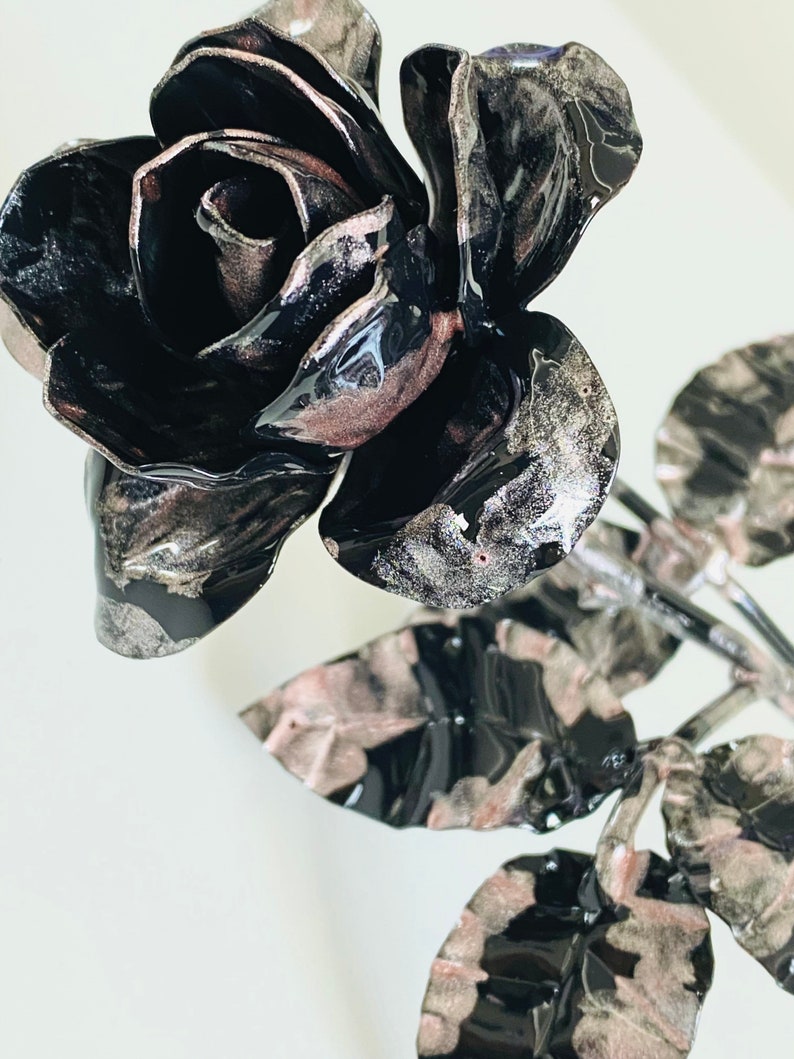 Everlasting rose flower, black rose with pink accents, hand forged rose figurine, steel rose blossom image 9