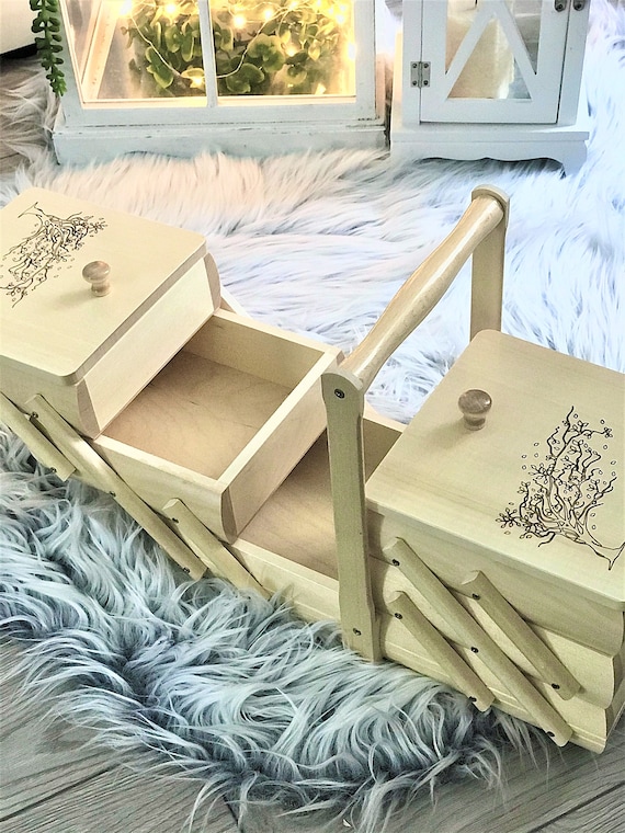 Big Wooden Sewing Box, Beige Concentrina Storage Box, Creamy Sewing Casket  With Burned Tree Design 