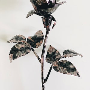 Everlasting rose flower, black rose with pink accents, hand forged rose figurine, steel rose blossom image 8