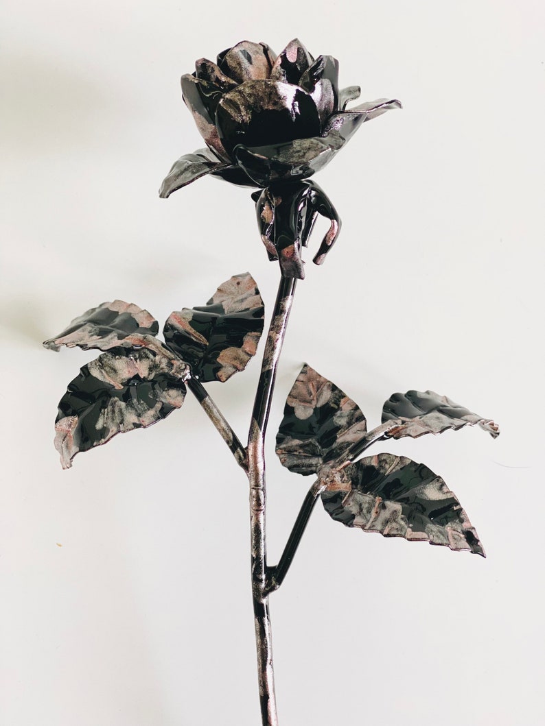 Everlasting rose flower, black rose with pink accents, hand forged rose figurine, steel rose blossom image 8