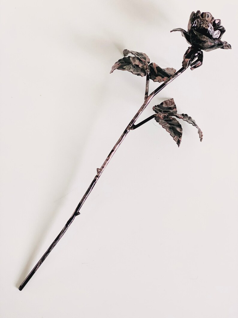 Everlasting rose flower, black rose with pink accents, hand forged rose figurine, steel rose blossom image 3