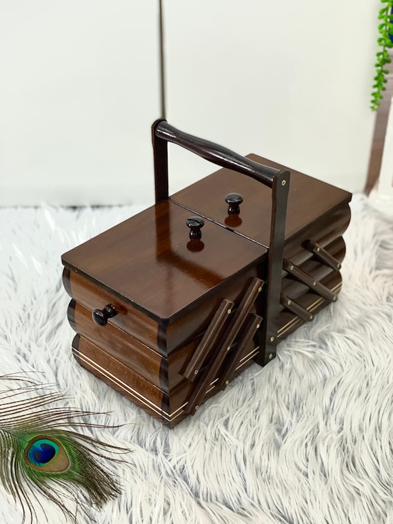Big Wooden Sewing Box, Dark Brown Concentrina Box, Cantilever Wooden Box  for Jewellery / Sewing Kit / Letters, Smooth Wooden Box 