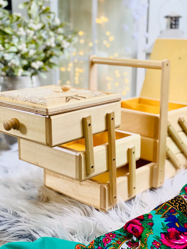 Large Wooden Sewing Box Upholstered Concentrina Storage Box Etsy