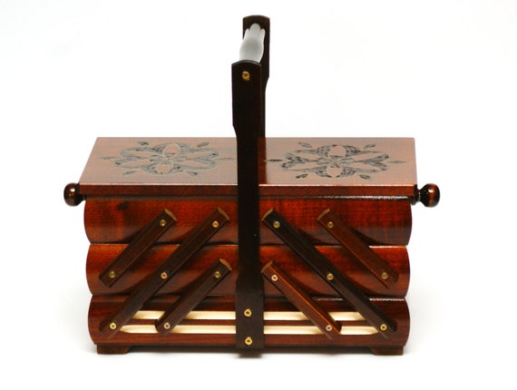 Big Wooden Sewing Box, Dark Brown Concentrina Box, Cantilever