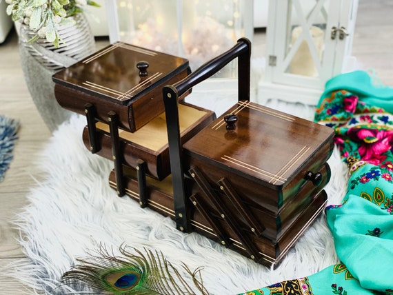 Big Wooden Sewing Box, Dark Brown Concentrina Storage Box, Cantilevered  Wooden Accordion Box With Bright Carved Lines on Lids 