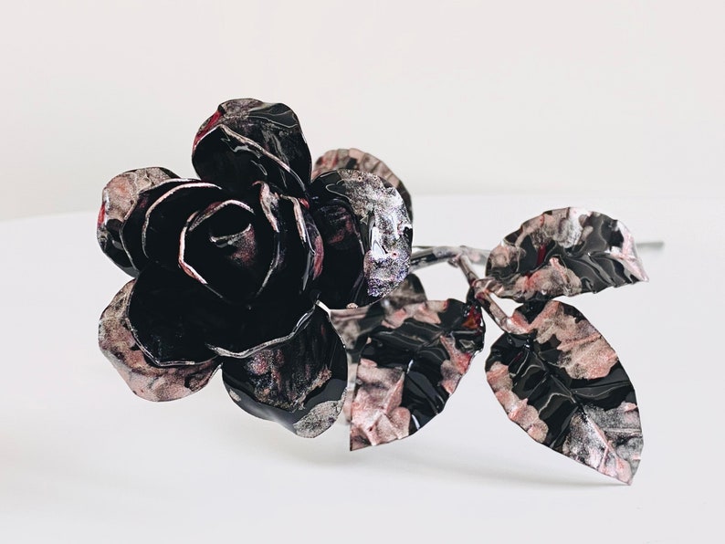 Everlasting rose flower, black rose with pink accents, hand forged rose figurine, steel rose blossom image 1