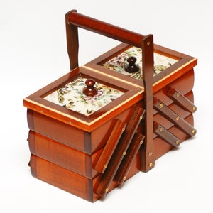Boîte à couture en bois, boîte de rangement concentrina couleur aulne, boîte accordéon en bois en porte-à-faux avec couvercles rembourrés brillants