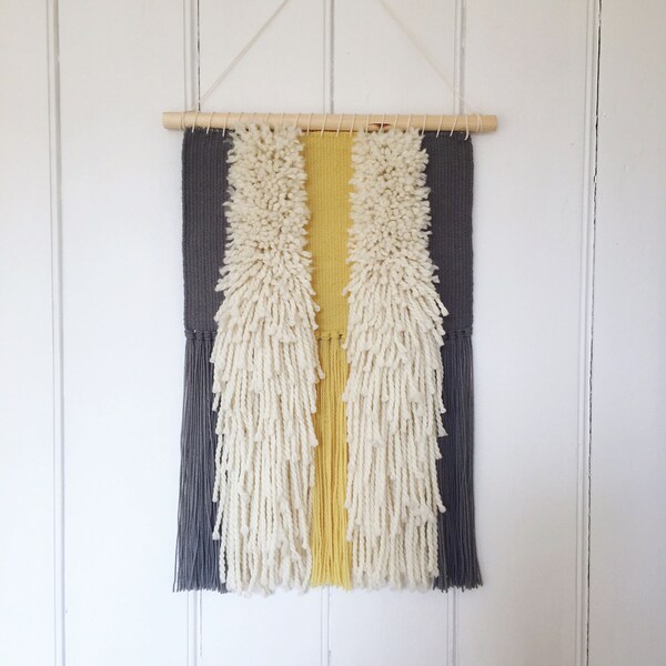 Shaggy Hand Woven Wall Hanging in Grey, Yellow and Ivory.