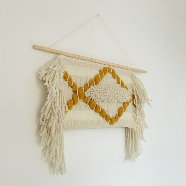 RESERVED for Midori- Hand Woven Wall Hanging with Mustard Roving Diamond Pattern