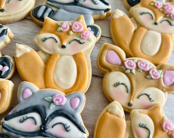 Woodland Baby Shower Cookies: Fox, Deer, Raccoon - 1 Dozen
