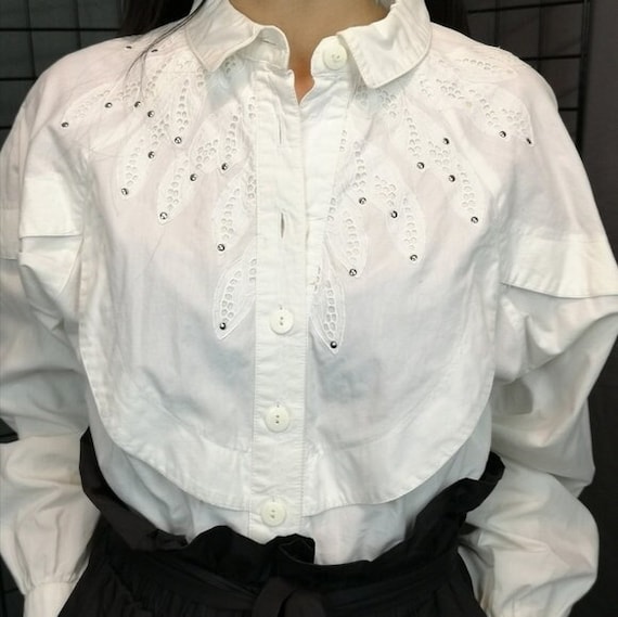 80s Vintage Cotton Western Prairie Boho Embroidered Cutout Lace Blouse, Unique Retro Fashion, Perfect Gift for Her