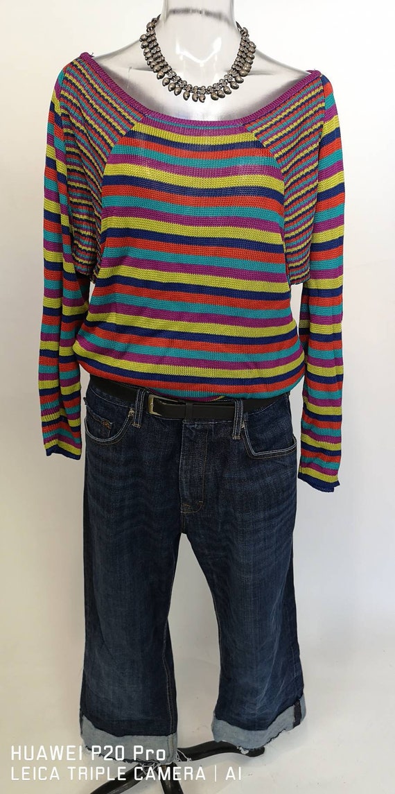 90s multicolor striped happy pride viscose silk shiny batwing knit pullover sweater
