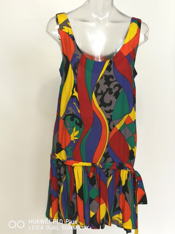 60s mod bold colorful abstract printed 20s dropped waist dress