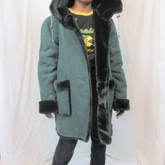 Y2K VINTAGE Moss Green Hooded Sherpa Shearling Jacket | TheStyleMinr