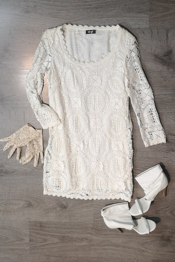 Boho Guipure Crochet Lace Mini Dress - 60s Vintag… - image 1