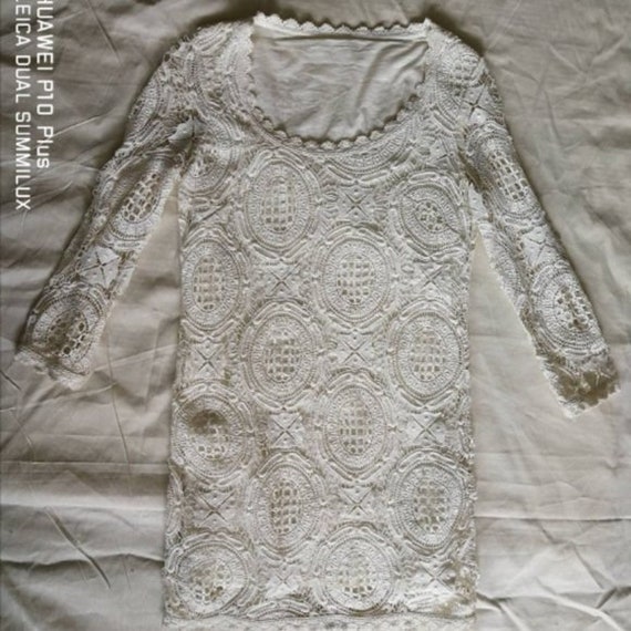 Boho Guipure Crochet Lace Mini Dress - 60s Vintag… - image 7