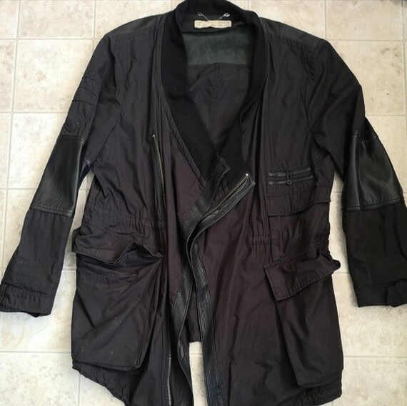 00s vintage gender neutral black asymmetrical leather and cotton utility jacket