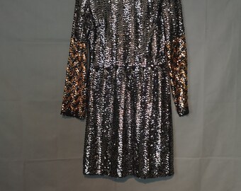 Unique 90s Vintage Striped Sequins Cocktail Dress, Superhero-Inspired Gunmetal & Copper Chevron, Ideal Gift for Partying Vintage Enthusiasts
