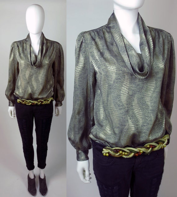 80s futuristic silver metallic silk jacquard cowl neck disco blouse