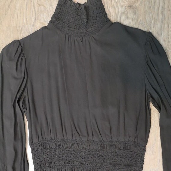 00s vintage Catherine Malandrino shirred neck, smocked waistline A-Line Black mini dress with raw edge finishing long decoorative sleeves