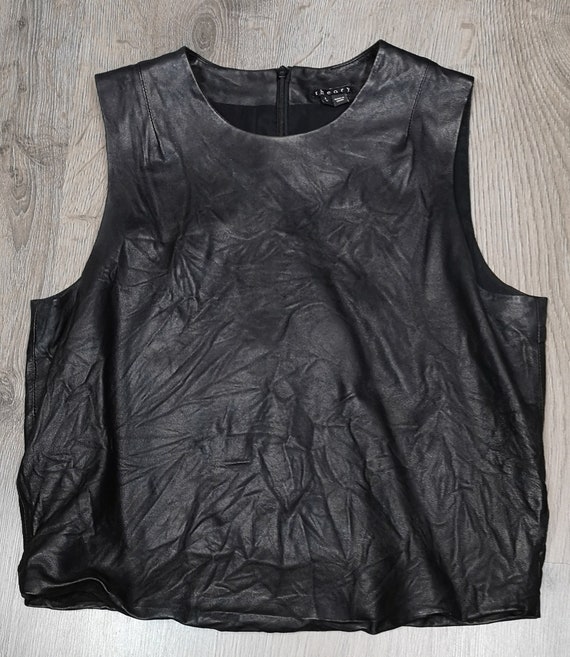 00s vintage Theory washed lined black leather sleeveless shell top