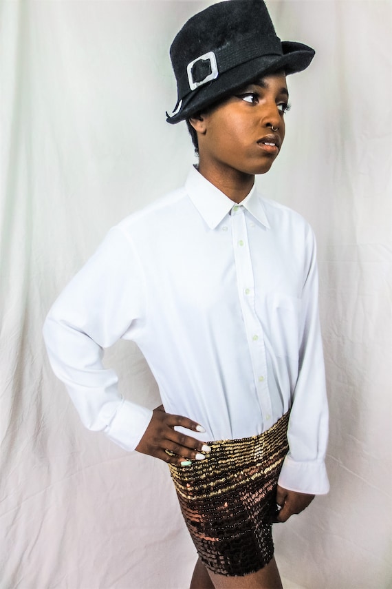 90s Afrofuture luxe sequins disco designer knitted jersey BRONZE GOLD COPPER strapless metallic fancy belt top