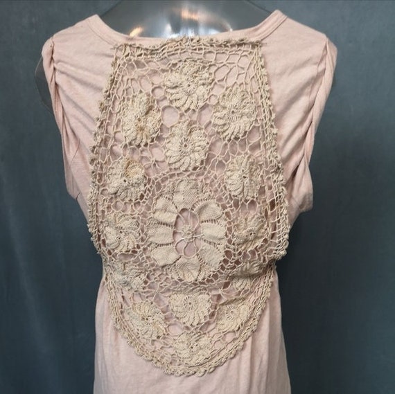 Neo-vintage Eco-lux deconstructed crochet lace drapey TAN jersey top w/cutouts