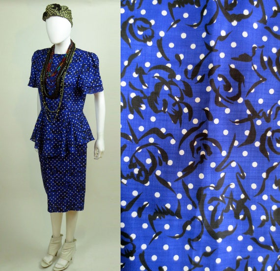 80s Dynasty Polka dot printed lightweight silk linen midi length peplum dress