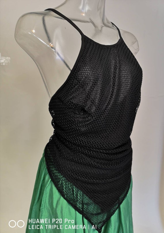 90s Y2K Black mesh cowl lace back asymmetrical halter top