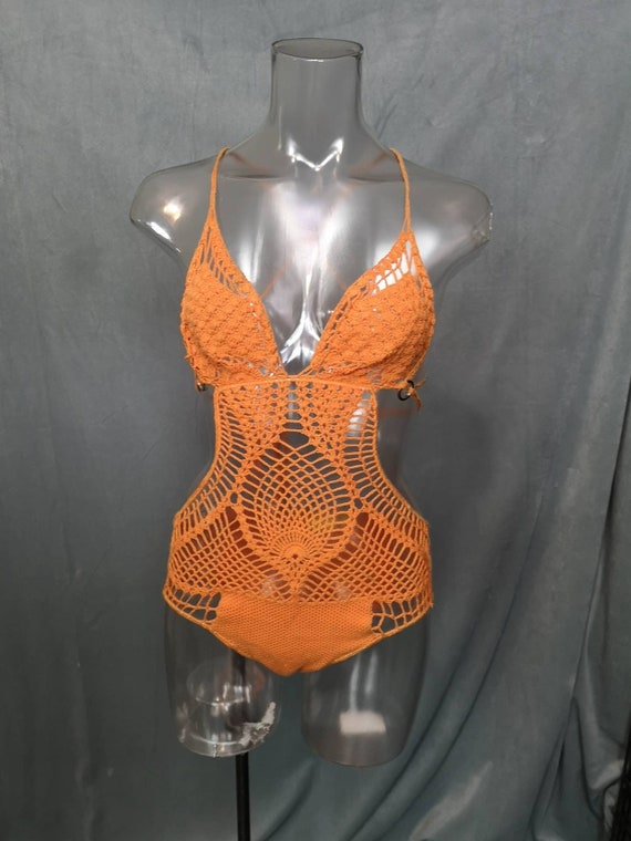 Y2K ORANGE vintage handmade cotton crochet swimsuit