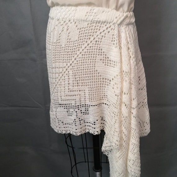 Neo-vintage Eco-lux vir-go' IVORY upcycled crochet draped front handkerchief hem skirt