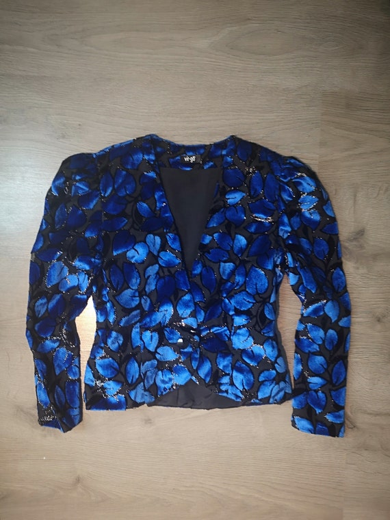 80s Vintage Avant Garde Victorian Silk Jacket - Puff Sleeve Blue & Black Fashionable Burnout Panne Floral Velvet, Perfect Gift for Her
