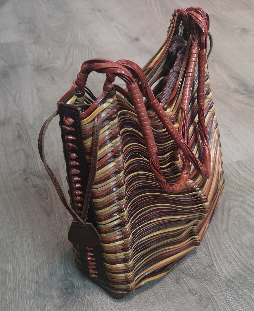 Vintage Leather Tote 70s Handmade Crochet Bag Boho Macrame Striped vintage-leather-tote-70s-handmade-crochet-bag-boho-macrame-striped
